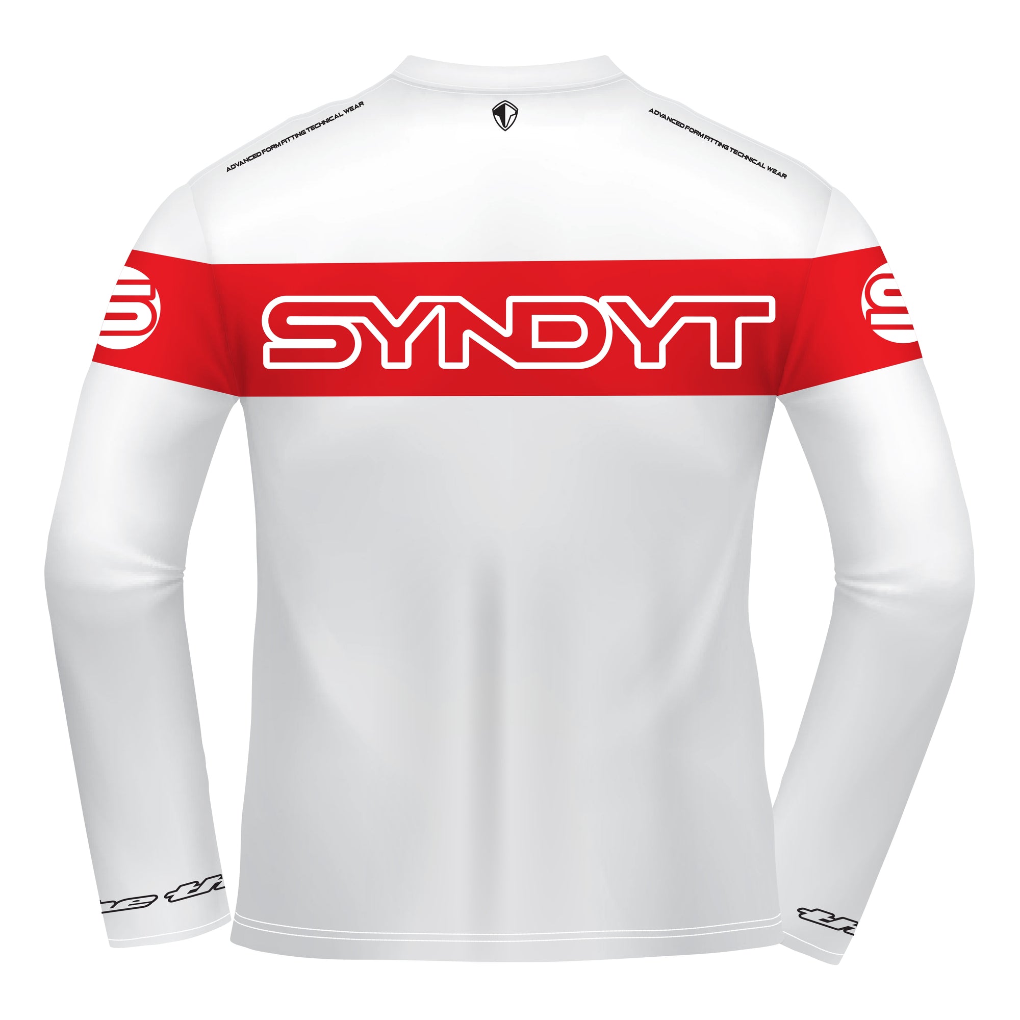 SYNDYT white sports jersey with red large stripe around chest back and arms with a big SYNDYT "S"Logo under it-Back View