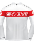 SYNDYT white sports jersey with red large stripe around chest back and arms with a big SYNDYT "S"Logo under it-Back View