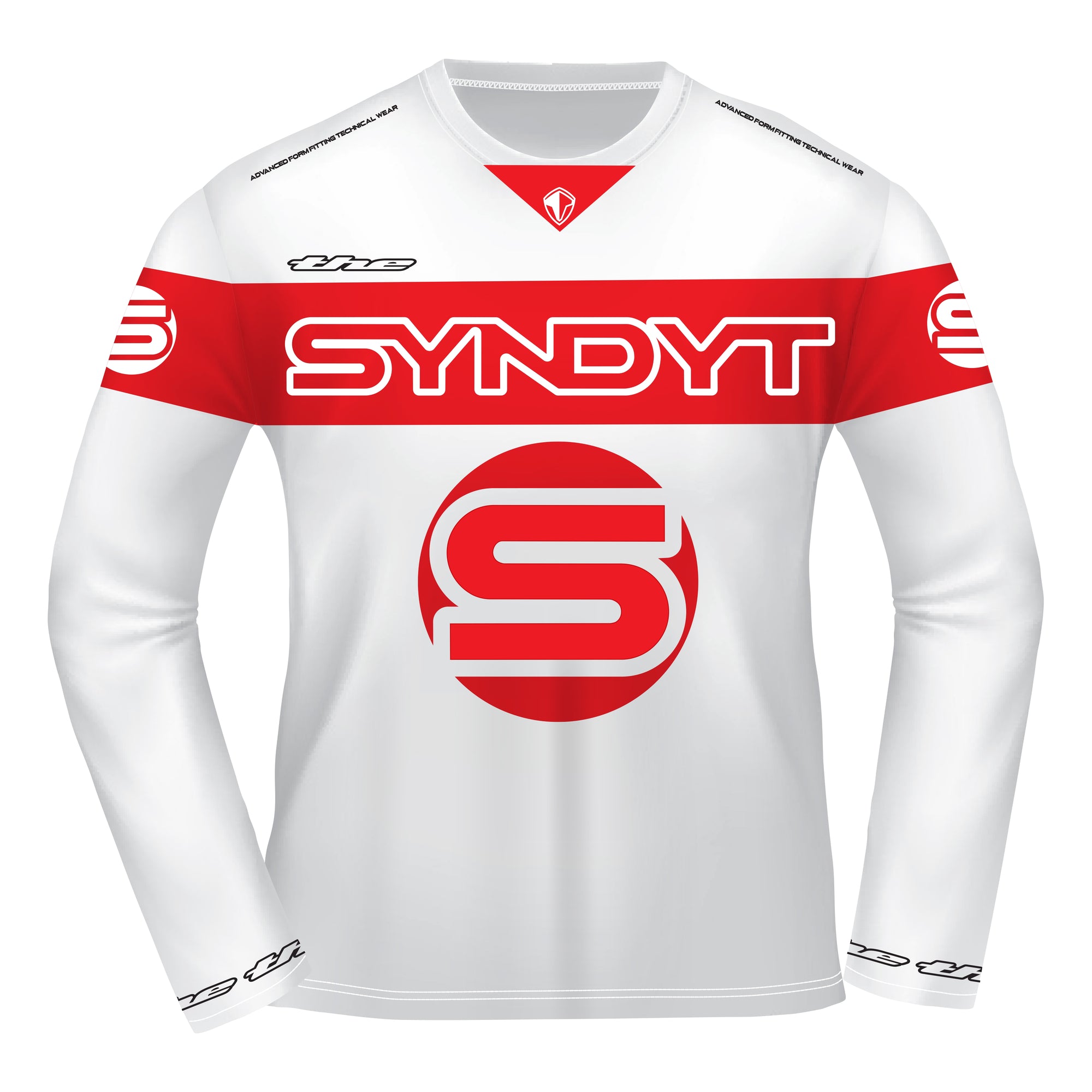 SYNDYT white sports jersey with red large stripe around chest back and arms with a big SYNDYT "S"Logo under it- Front View