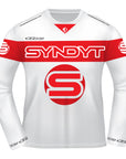 SYNDYT white sports jersey with red large stripe around chest back and arms with a big SYNDYT "S"Logo under it- Front View