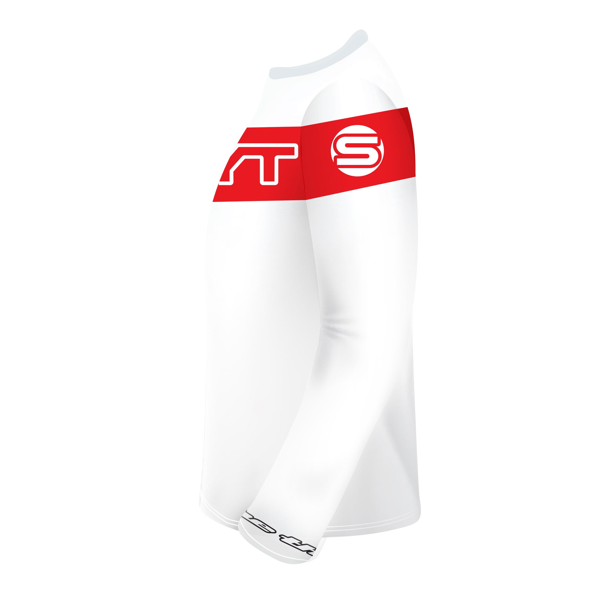 SYNDYT white sports jersey with red large stripe around chest back and arms with a big SYNDYT "S"Logo under it- LeftSleeve