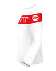 SYNDYT white sports jersey with red large stripe around chest back and arms with a big SYNDYT "S"Logo under it- LeftSleeve