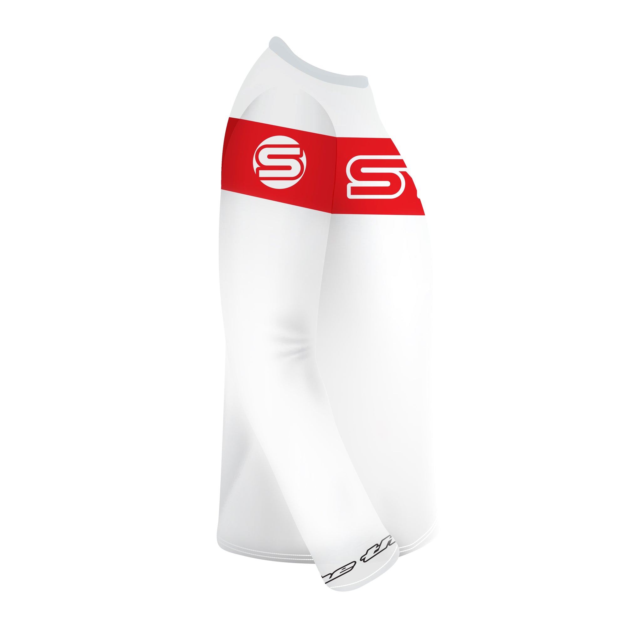 SYNDYT white sports jersey with red large stripe around chest back and arms with a big SYNDYT "S"Logo under it- Right Sleeve