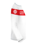 SYNDYT white sports jersey with red large stripe around chest back and arms with a big SYNDYT "S"Logo under it- Right Sleeve